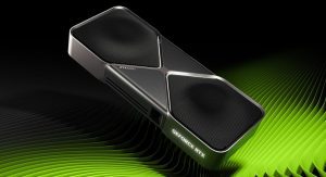کارت گرافیک RTX 5090 در پس‌زمینه آینده‌گرایانه سبز و مشکی