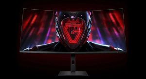 نمای جلو مانیتور ۳۴ اینچی شیائومی G34WQi با پسزمینه تیره