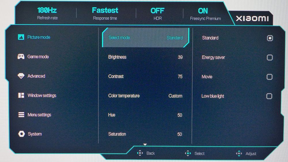 منوی تنظیمات مانیتور گیمینگ ۳۴ اینچی شیائومی