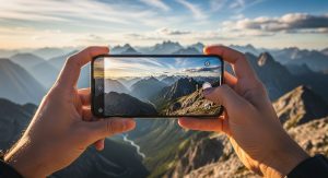 یک مرد در حال عکس گرفتن از کوهستان با گوشی موبایل